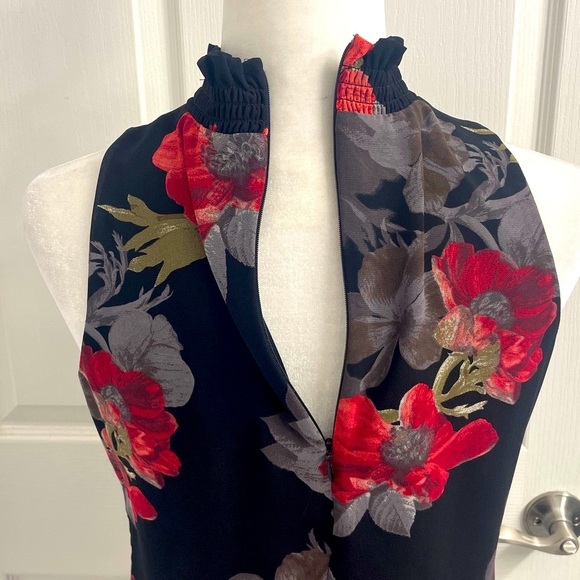 Elegant Sleeveless Black Floral Blouse Lined Ruched High Neck Back Zipper Sz XS - Picture 9 of 11